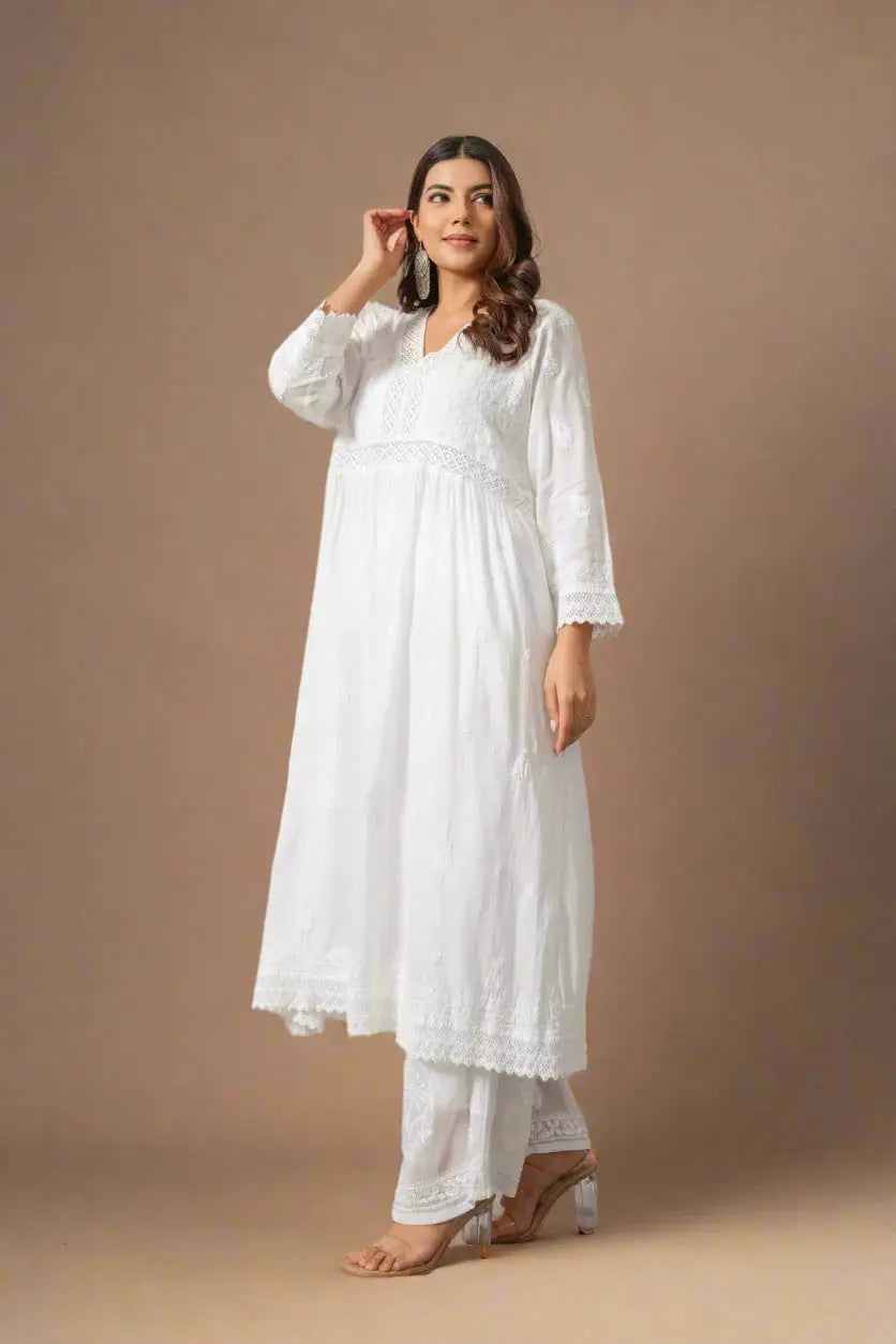 White Cotton Chikankari Kurta with Lace Detailing The House of Indu