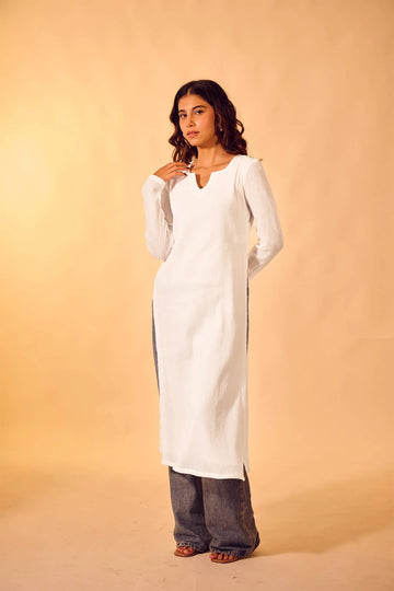 White Crushed Cotton V-Neck Kurti The House of Indu