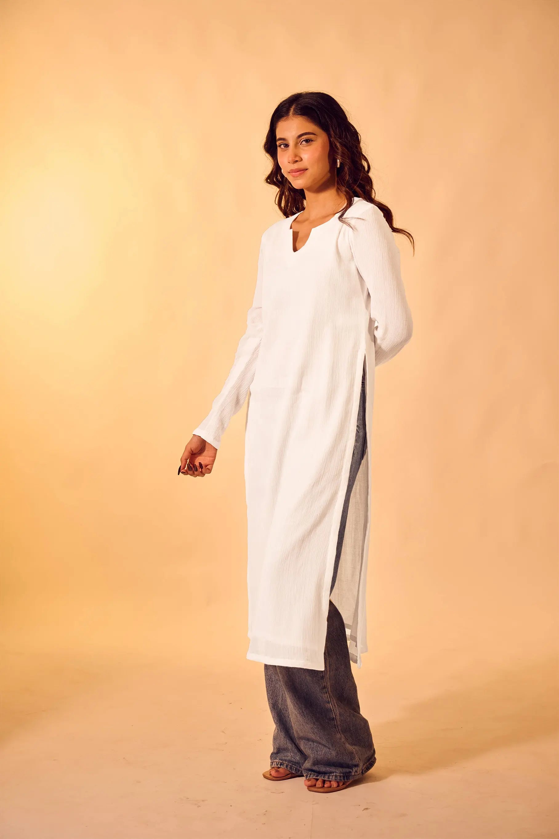 White Crushed Cotton V-Neck Kurti The House of Indu