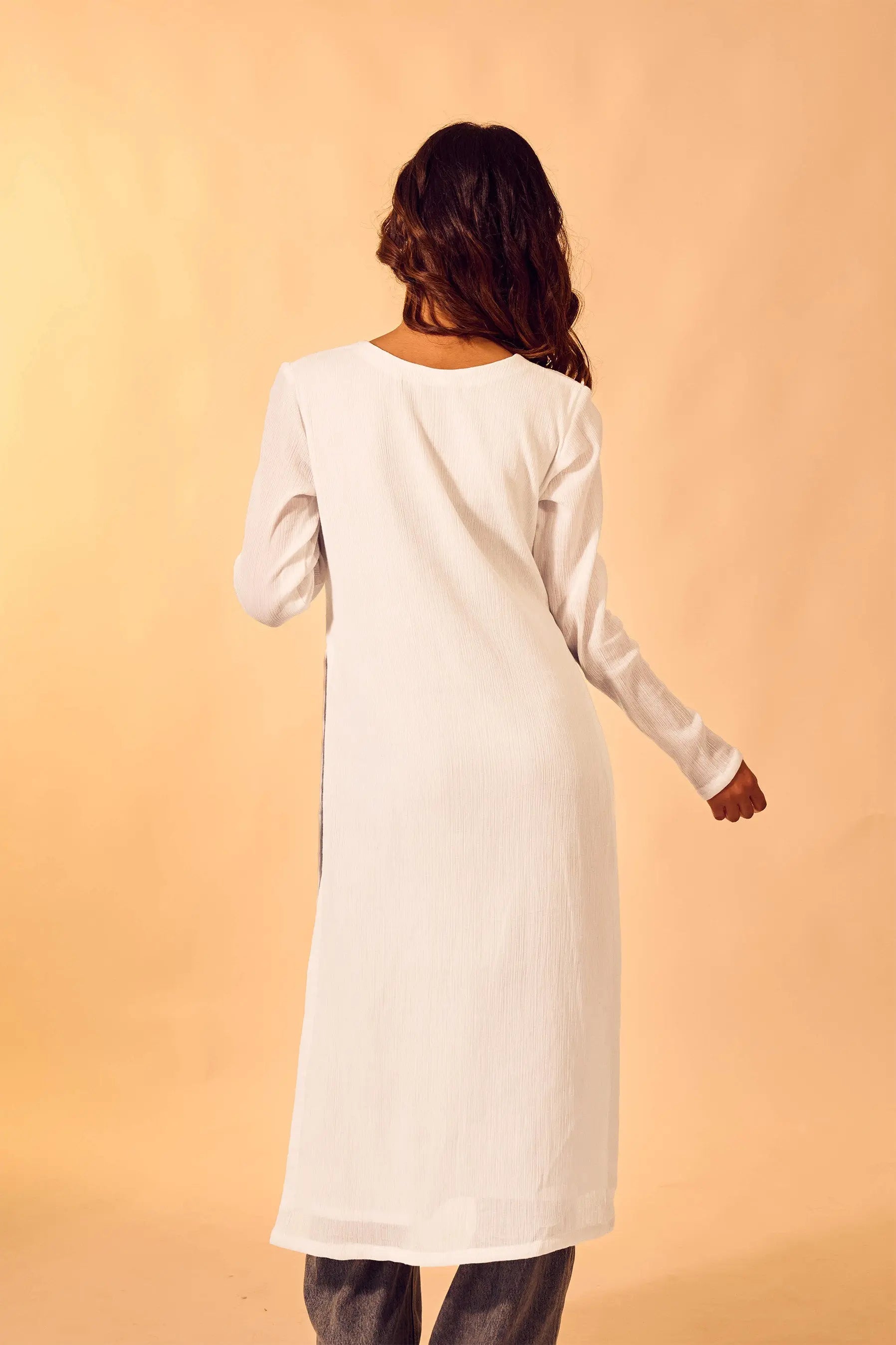 White Crushed Cotton V-Neck Kurti The House of Indu