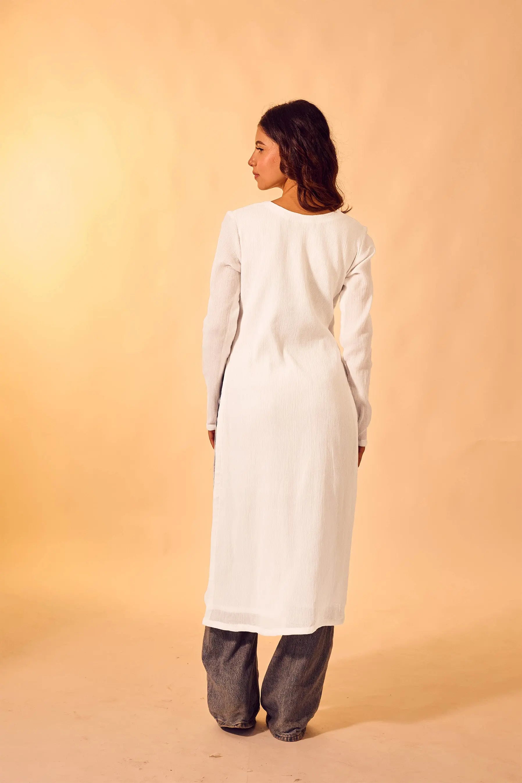 White Crushed Cotton V-Neck Kurti The House of Indu