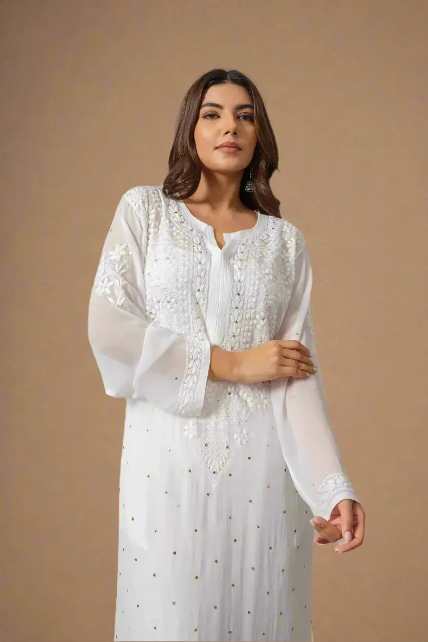 White Georgette Chikankari Kurta with Mukaish Work The House of Indu