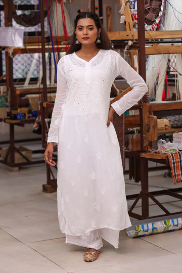 White Georgette Straight Kurti With Mukaish Work | Saadgi The House of Indu