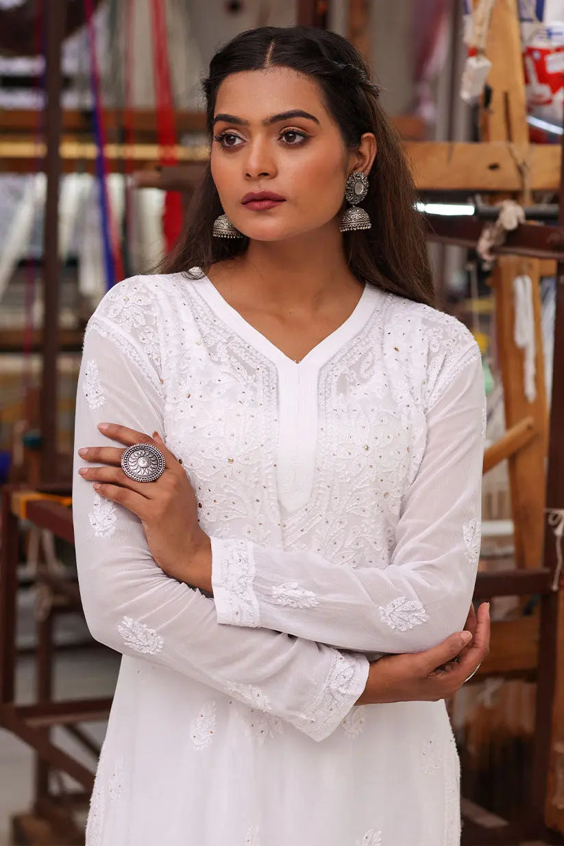 White Georgette Straight Kurti With Mukaish Work | Saadgi The House of Indu