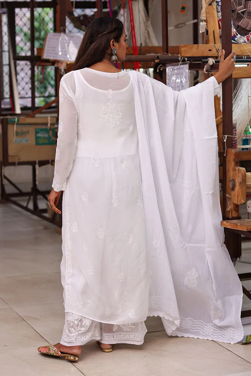 White Georgette Straight Kurti With Mukaish Work | Saadgi The House of Indu