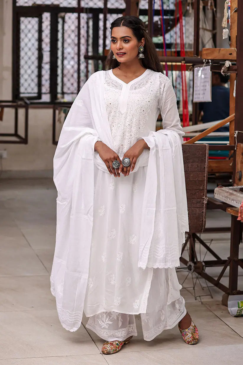 White Georgette Straight Kurti With Mukaish Work | Saadgi The House of Indu