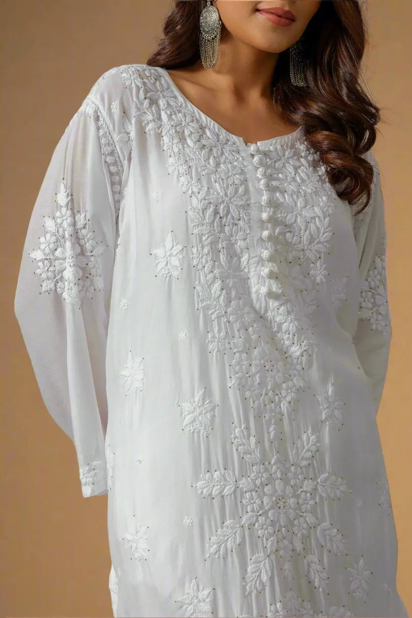 White Muslin Kurta with Mukaish and Chikankari Embroidery The House of Indu