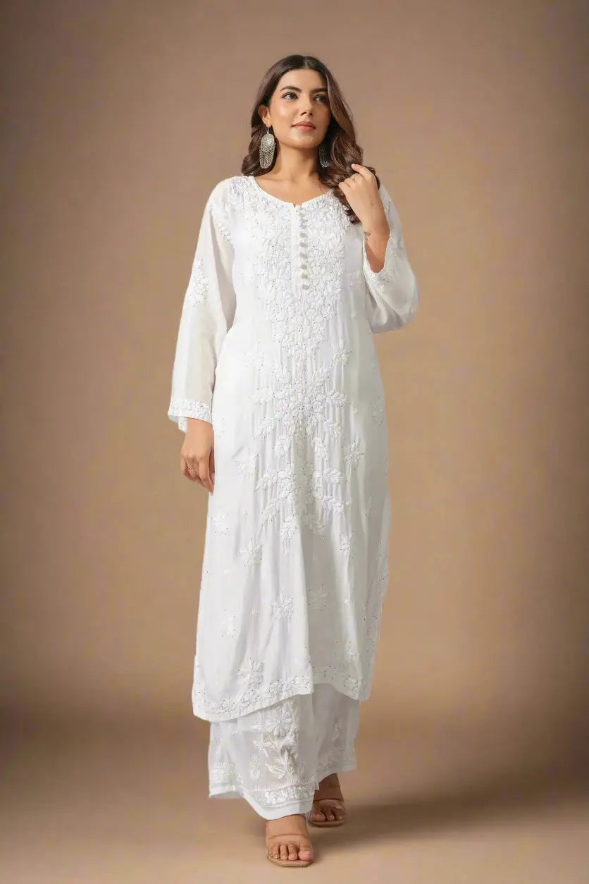 White Muslin Kurta with Mukaish and Chikankari Embroidery The House of Indu