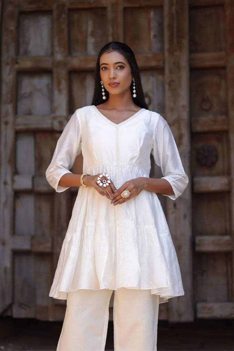 White Short Two Flared Kurta | Saadgi The House of Indu