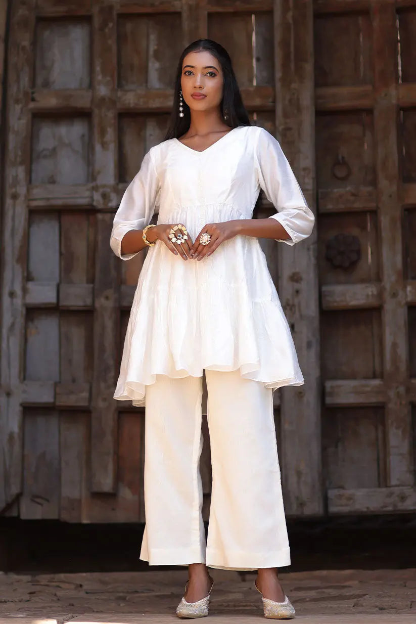 White Short Two Flared Kurta | Saadgi The House of Indu