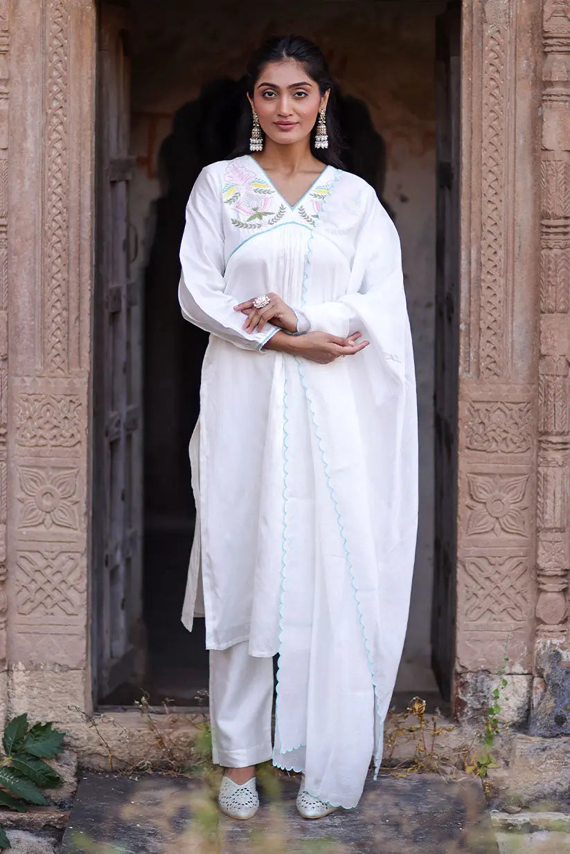 White Straight Kurti Set With Hand Embroidered Yoke | Saadgi The House of Indu