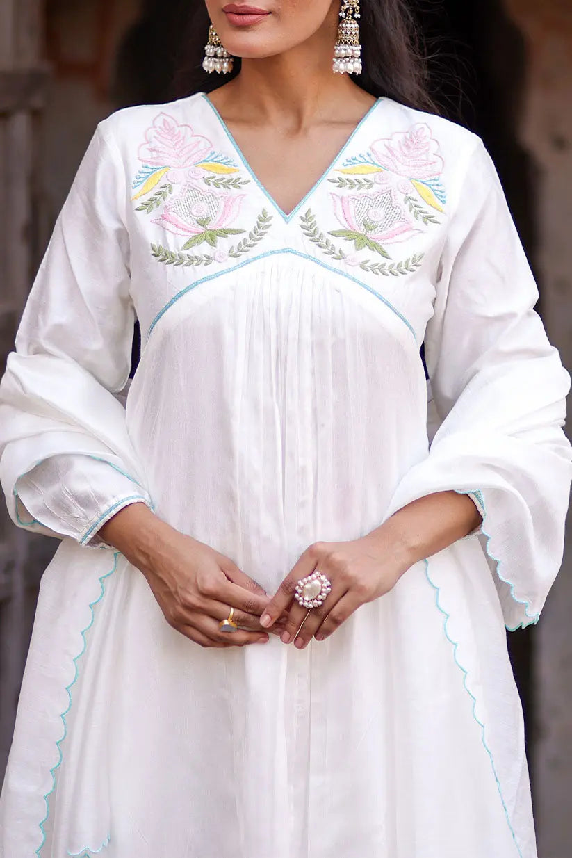 White Straight Kurti Set With Hand Embroidered Yoke | Saadgi The House of Indu