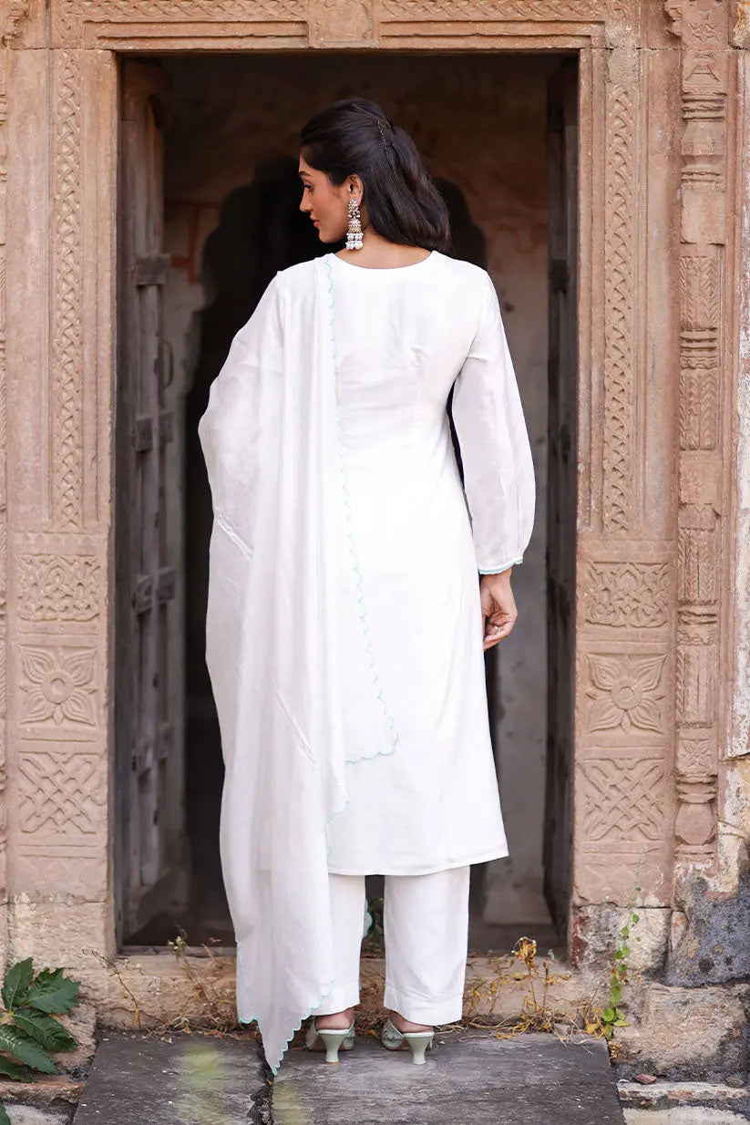 White Straight Kurti Set With Hand Embroidered Yoke | Saadgi The House of Indu