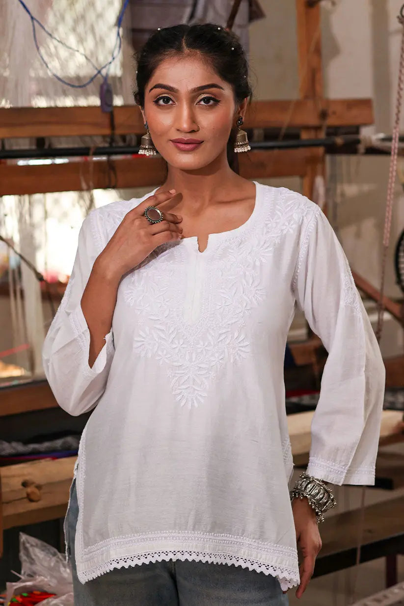 White Straight Short Kurti With Chikankari | Saadgi The House of Indu