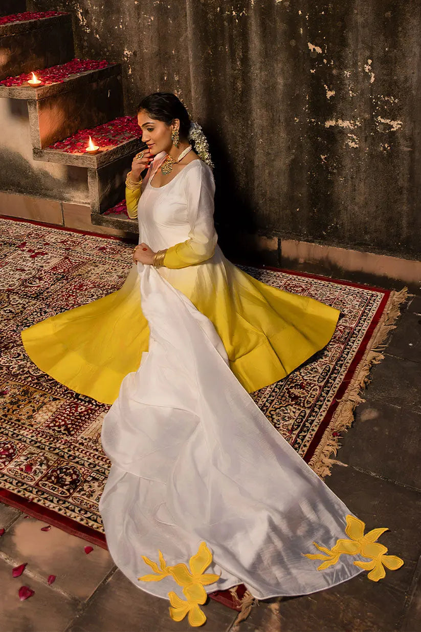 White & Yellow Anarkali With Ombre Effect And Machine Embroidery | Saadgi The House of Indu