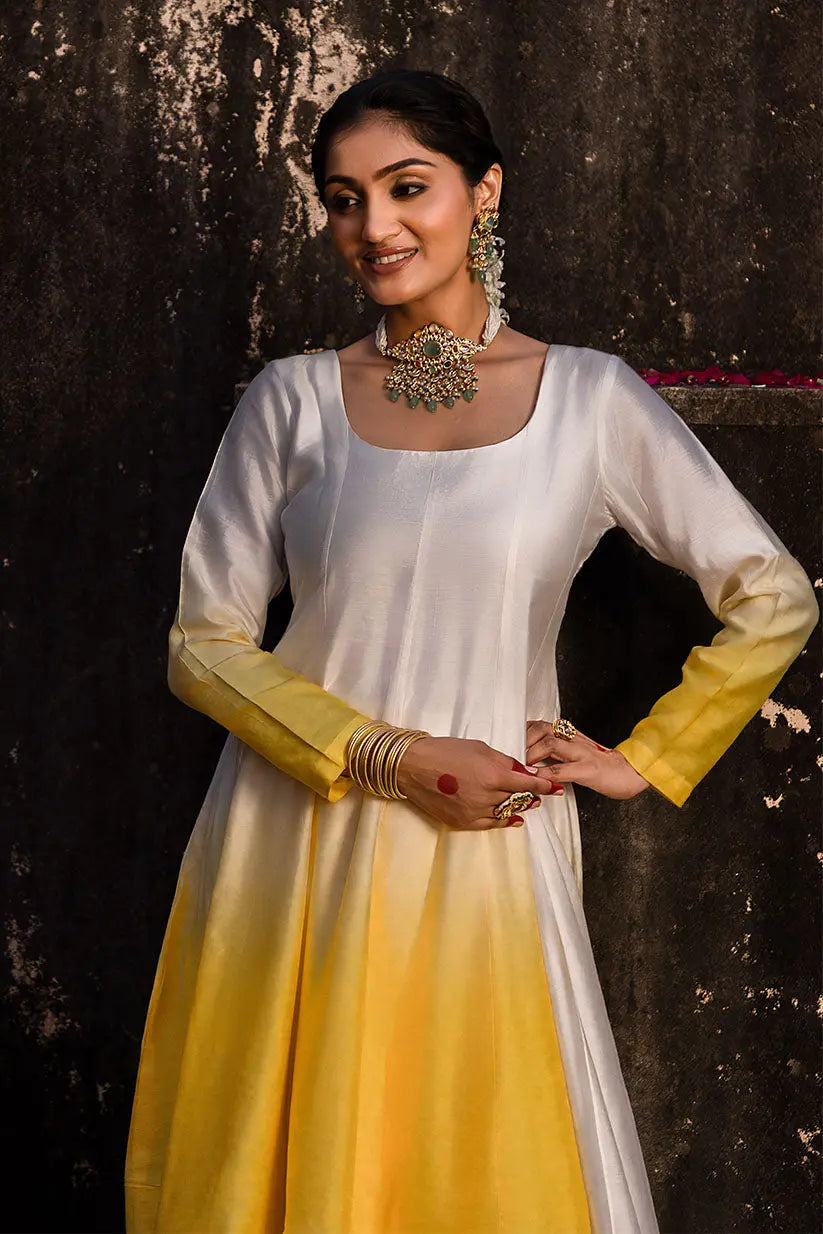 White & Yellow Anarkali With Ombre Effect And Machine Embroidery | Saadgi The House of Indu