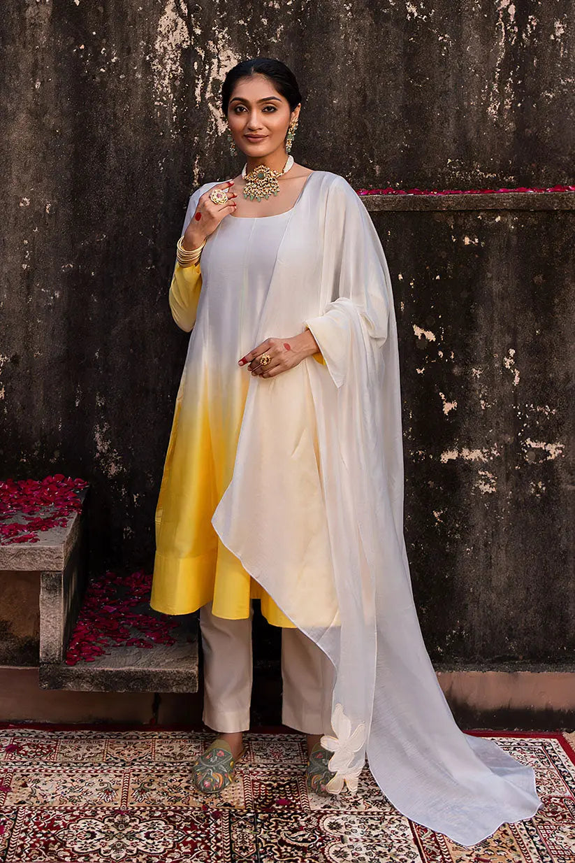 White & Yellow Anarkali With Ombre Effect And Machine Embroidery | Saadgi The House of Indu