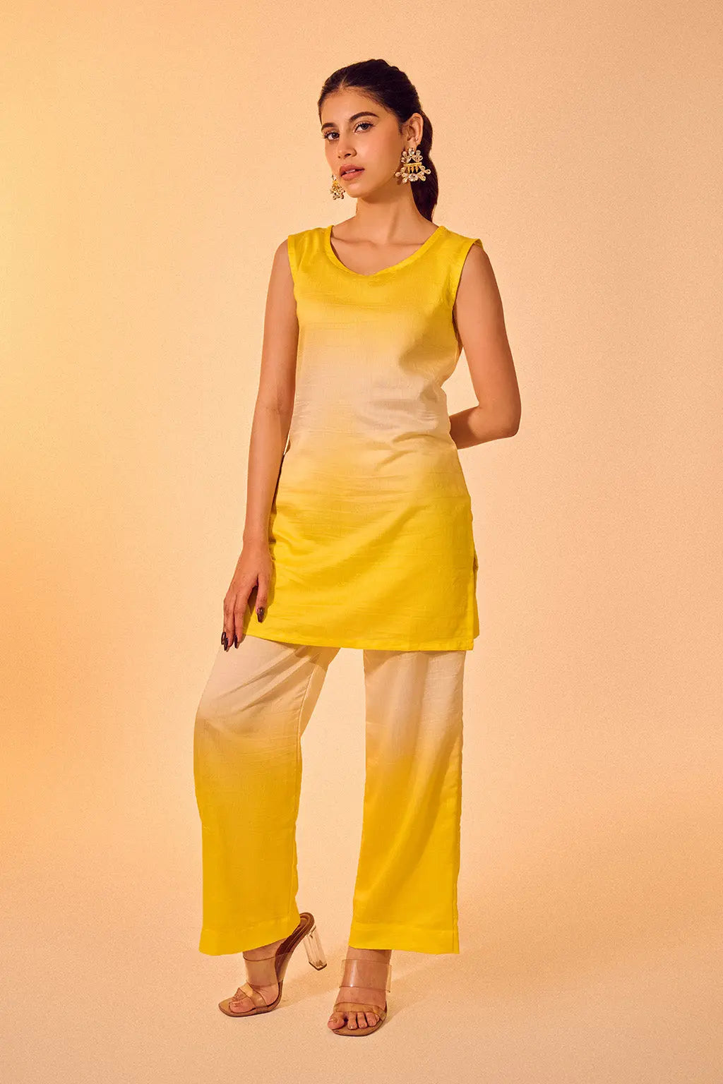 Yellow Ombré Chanderi Co-ord Set with Sleeveless Kurta & Straight Pants The House of Indu
