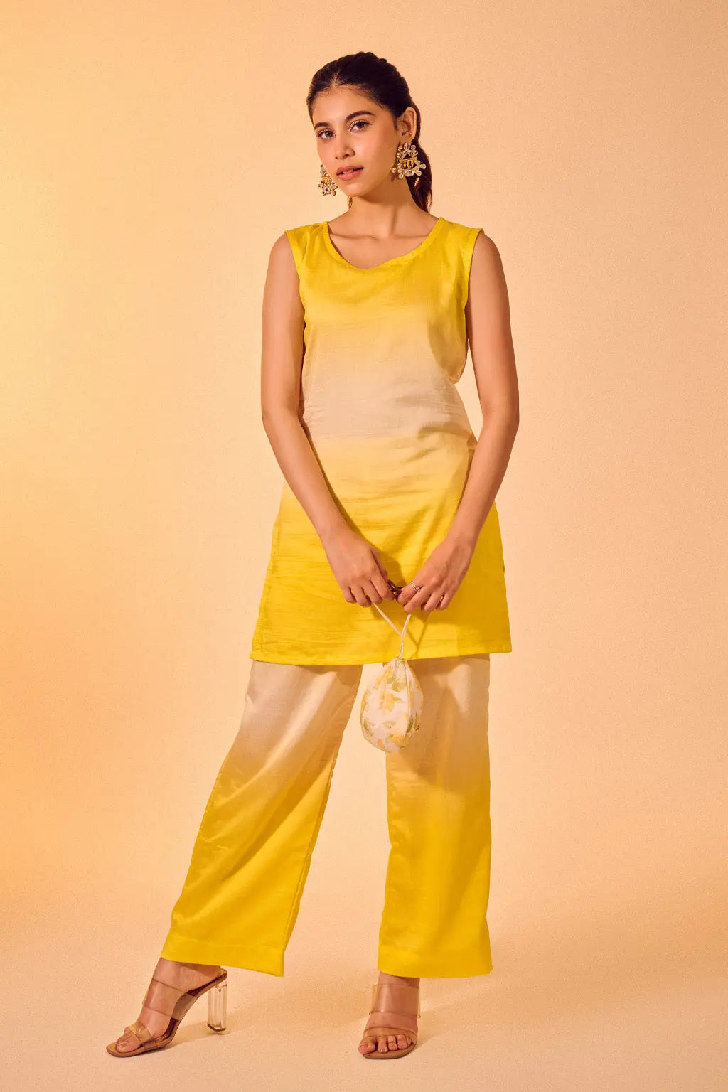 Yellow Ombré Chanderi Co-ord Set with Sleeveless Kurta & Straight Pants The House of Indu