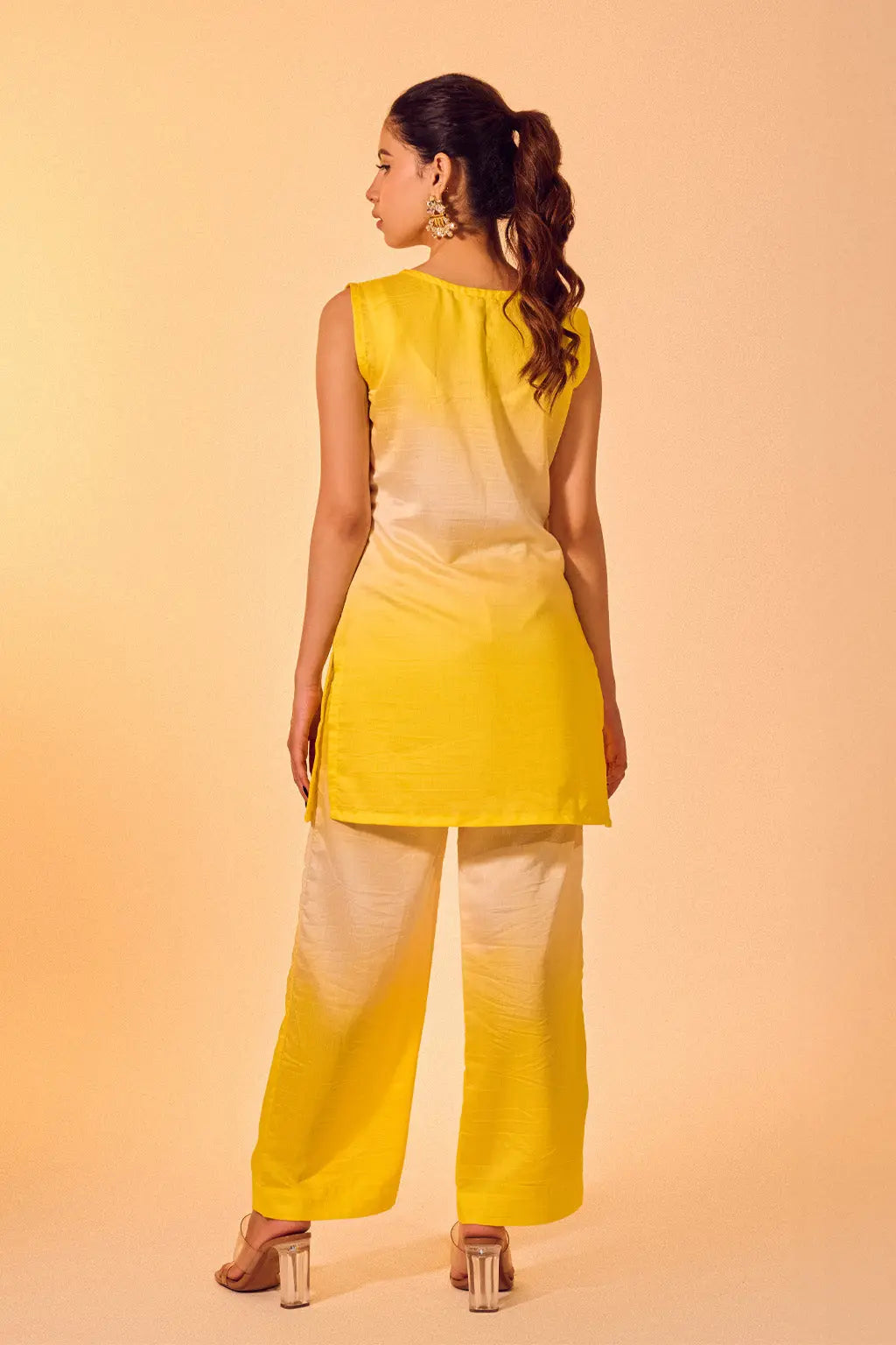 Yellow Ombré Chanderi Co-ord Set with Sleeveless Kurta & Straight Pants The House of Indu