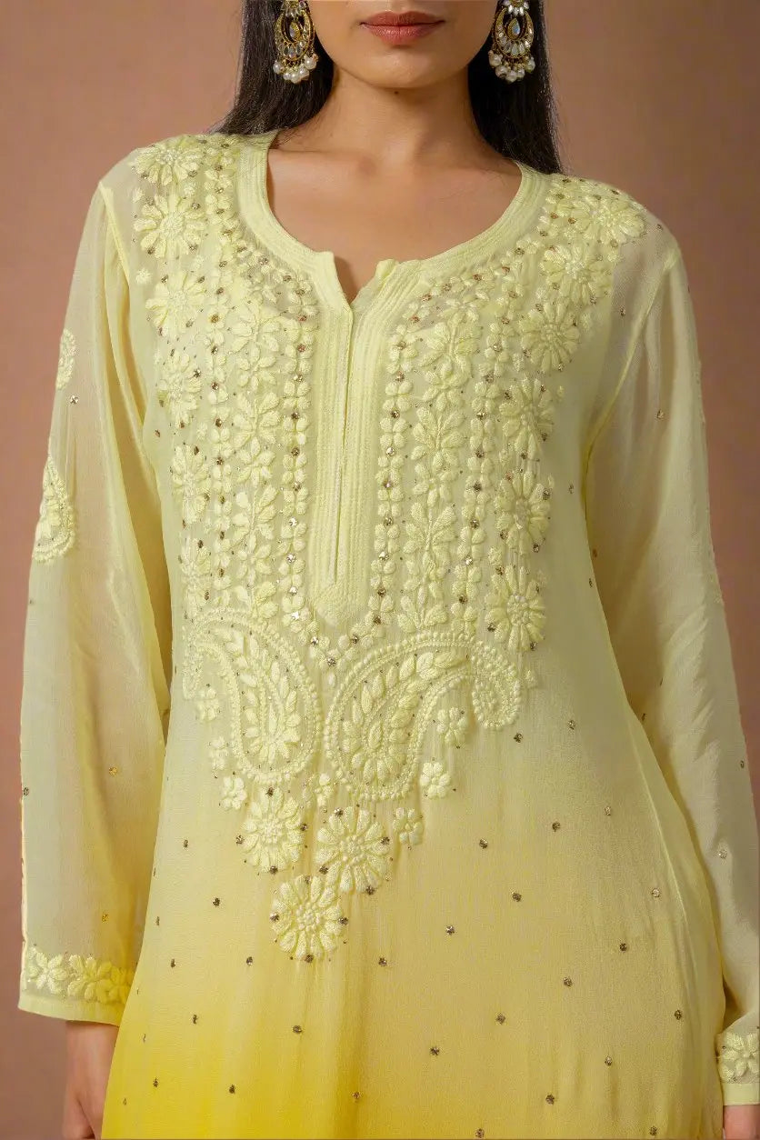 Yellow Ombre Chikankari Kurta with Exquisite Floral Embroidery The House of Indu