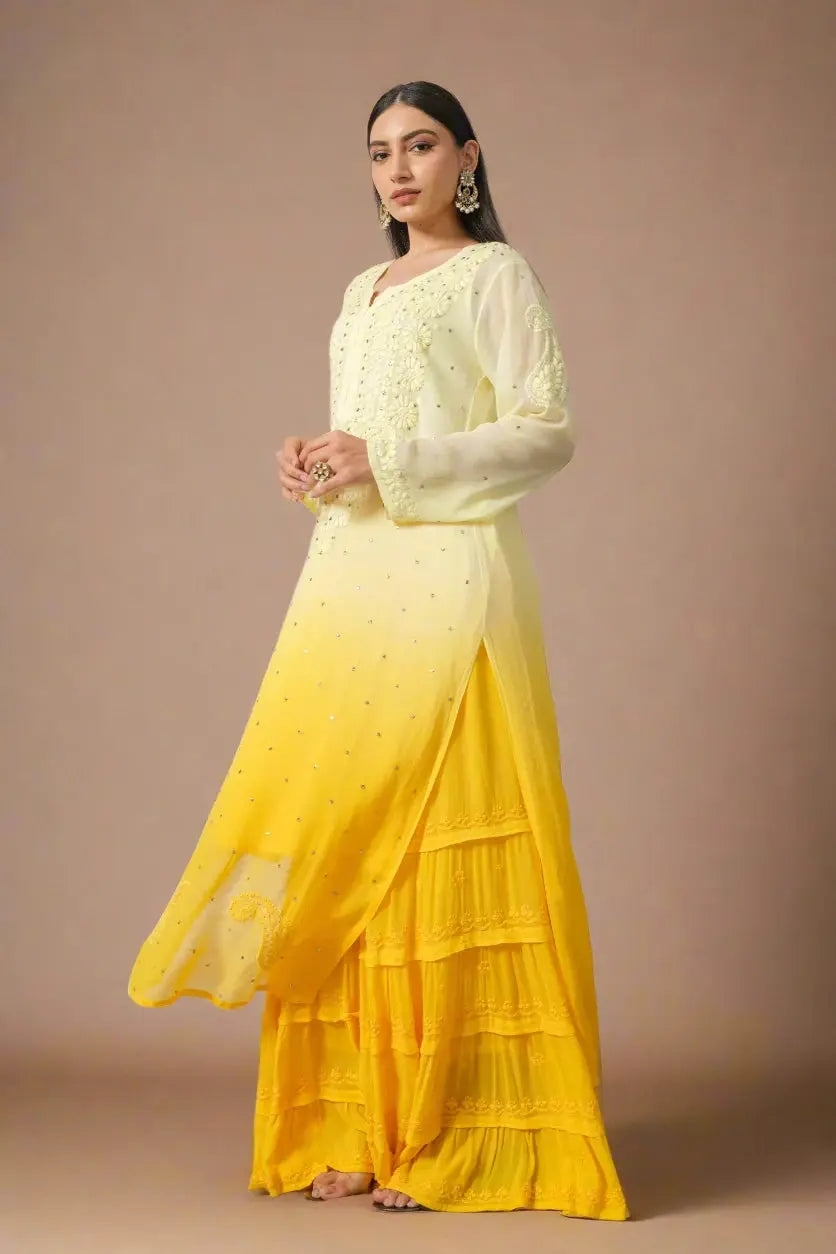 Yellow Ombre Chikankari Kurta with Exquisite Floral Embroidery The House of Indu