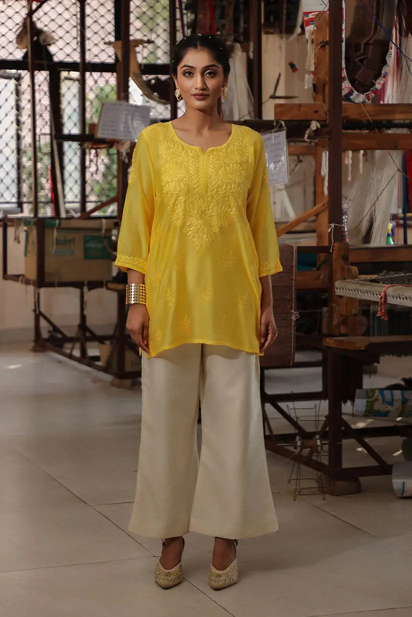 Yellow Straight Short Kurti With Chikankari | Saadgi The House of Indu