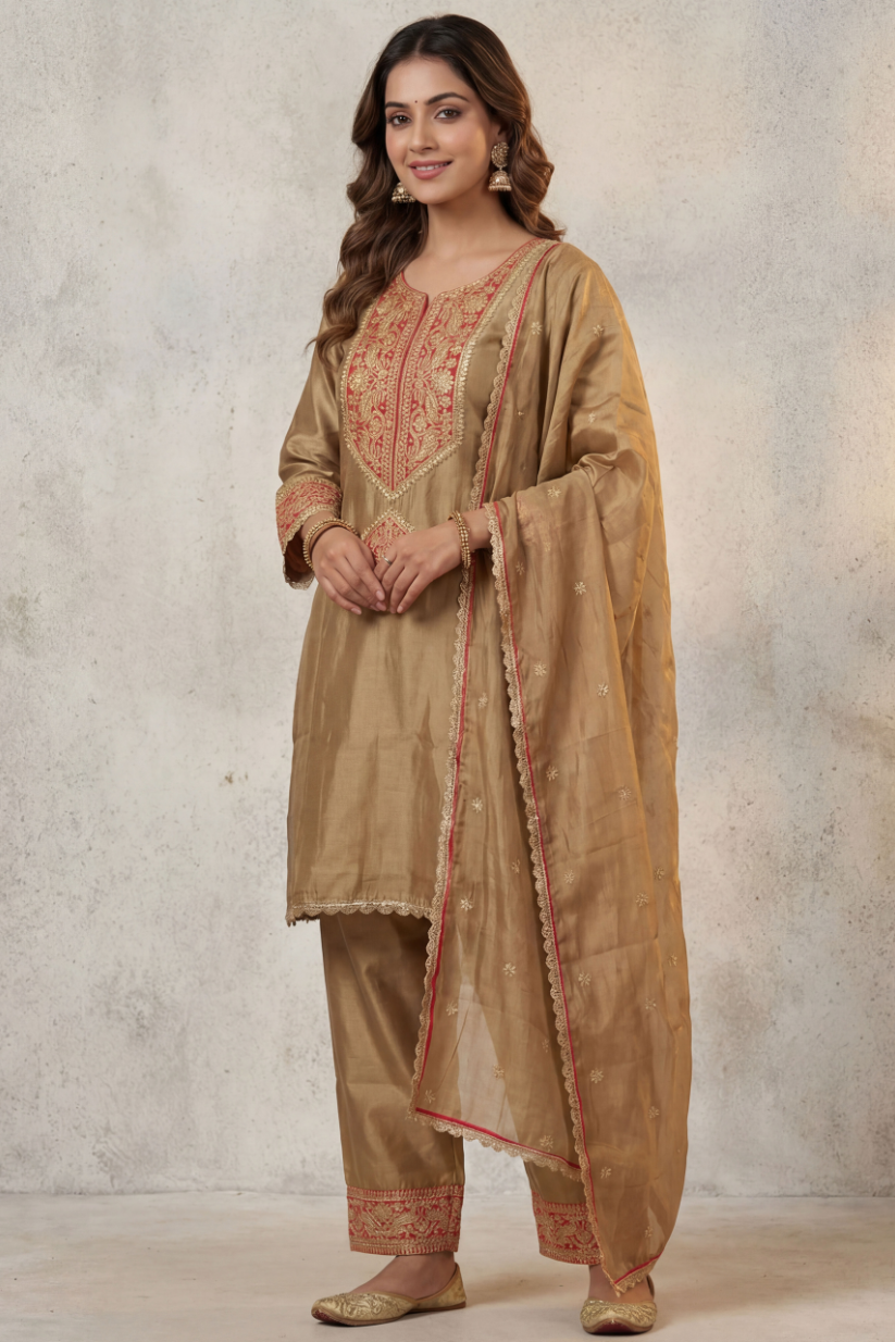 full length view of antique gold red embroidered kurta pant set with dupatta festive wear