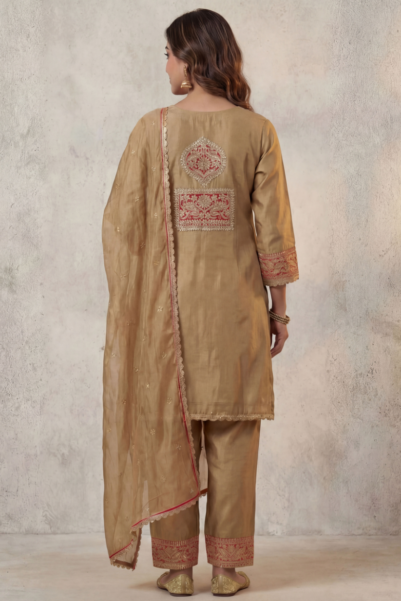 back view of antique gold red embroidered kurta pant set with dupatta traditional outfit