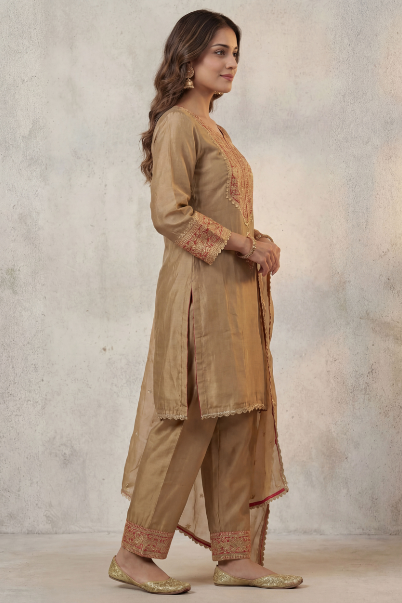 side view of antique gold and red embroidered kurta pant set with dupatta traditional outfit