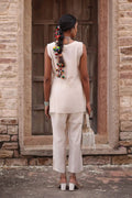 Beige Chanderi Co-ord Set for Women with Sleeveless Kurta & Straight Pants - The House of Indu
