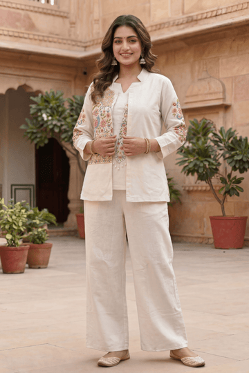 Beige Embroidered Co-Ord Set for Women with Palazzo Pants - The House of Indu