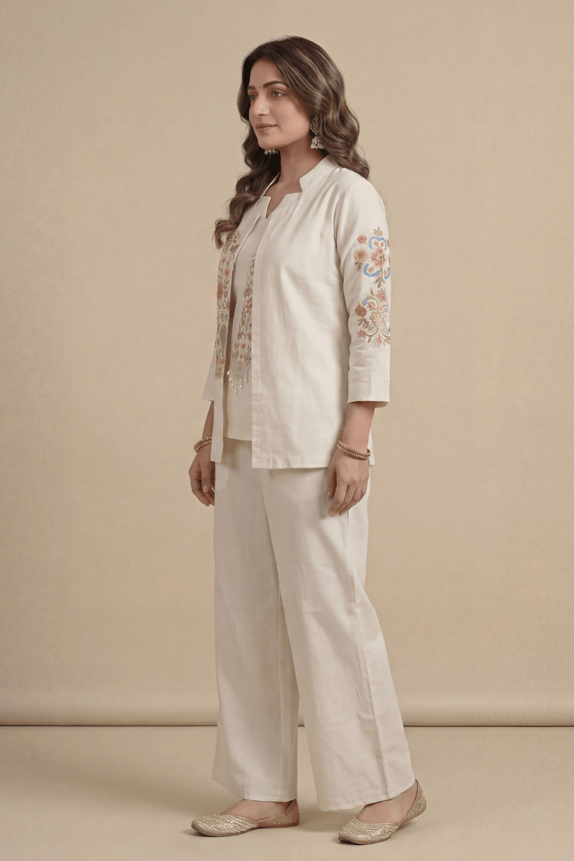 Beige Embroidered Co-Ord Set for Women with Palazzo Pants - The House of Indu