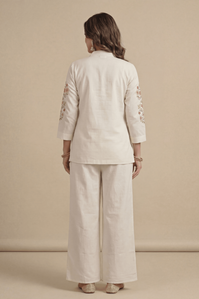 Beige Embroidered Co-Ord Set for Women with Palazzo Pants - The House of Indu