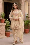 Beige Embroidered Kurta Pant Set for Wedding & Festive Wear Women - The House of Indu