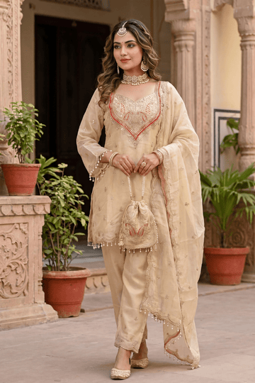 Beige Embroidered Kurta Pant Set for Wedding & Festive Wear Women - The House of Indu