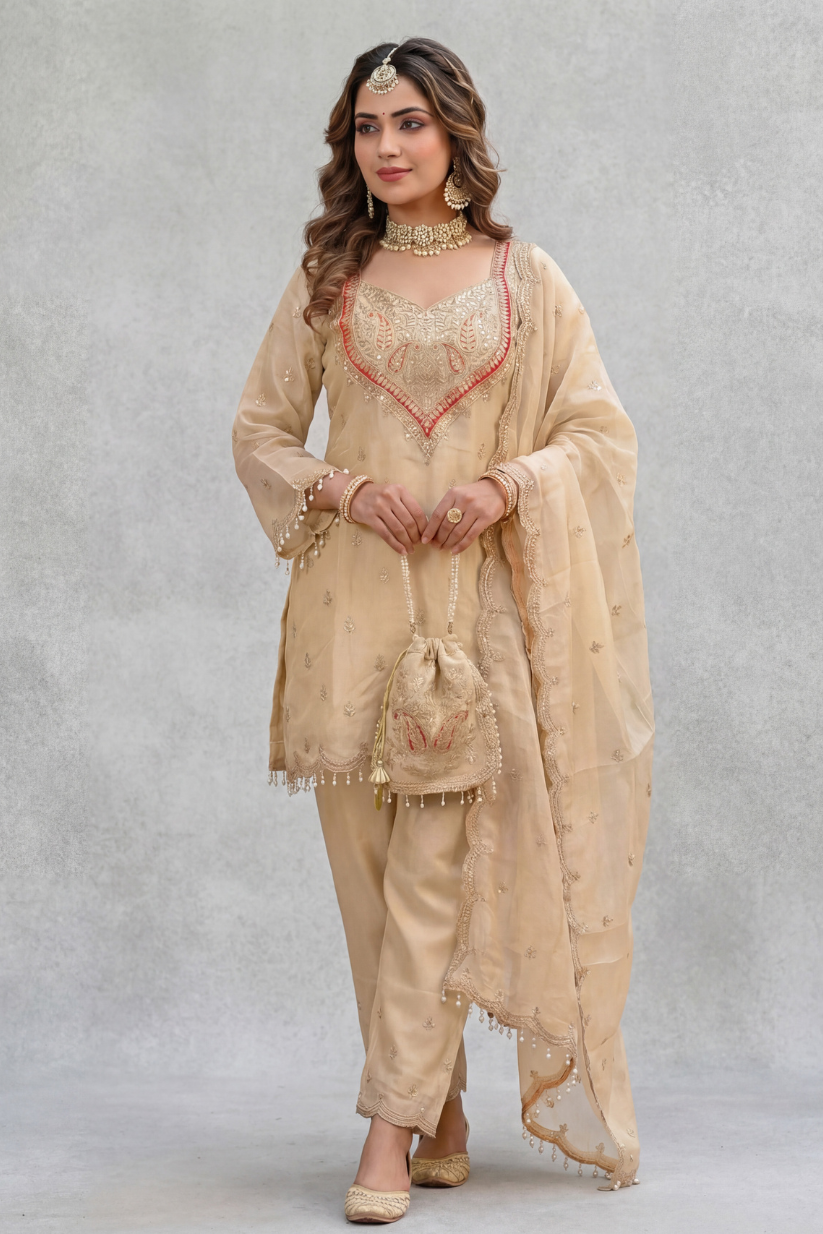 Women wearing beige embroidered kurta pant set with dupatta and potli bag
