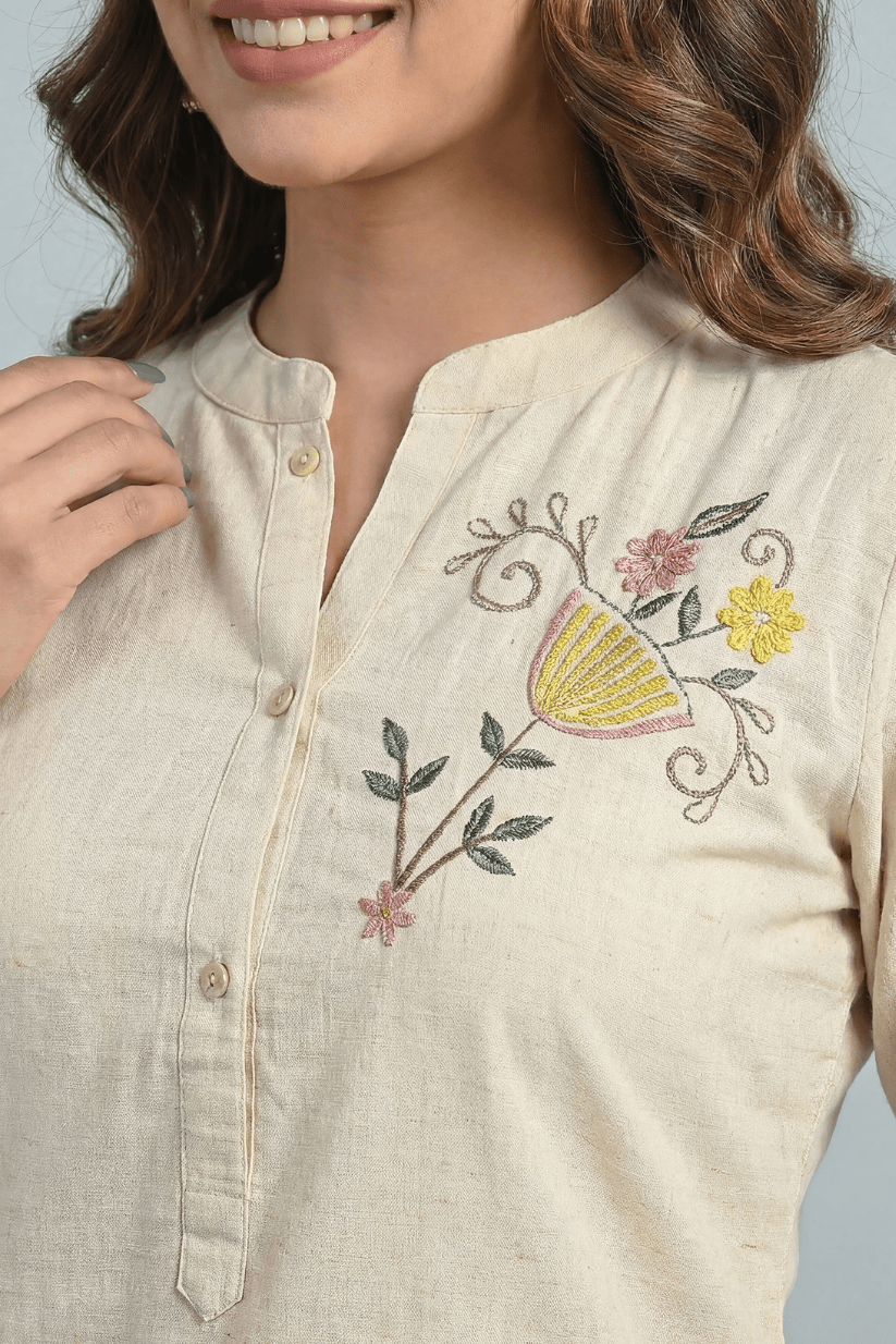 Beige Floral Embroidered Cotton Short Kurti for Women - The House of Indu