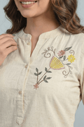 Beige Floral Embroidered Cotton Short Kurti for Women - The House of Indu