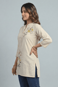 Beige Floral Embroidered Cotton Short Kurti for Women - The House of Indu