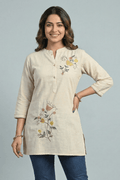 Beige Floral Embroidered Cotton Short Kurti for Women - The House of Indu