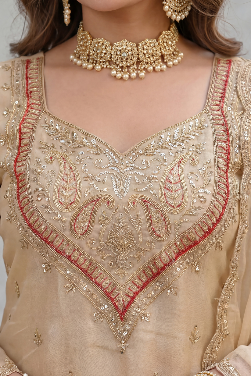 Close look of beige embroidered kurta for women