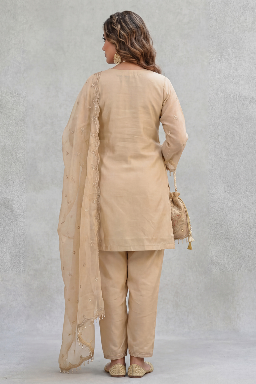 Back view of women beige embroidered kurta set