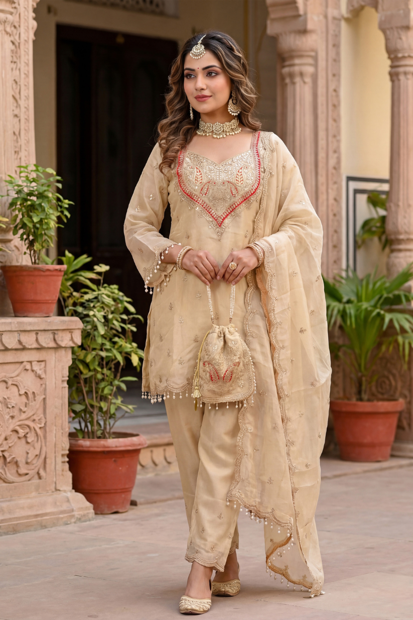 Women beige embroidered kurta pant set with dupatta front view