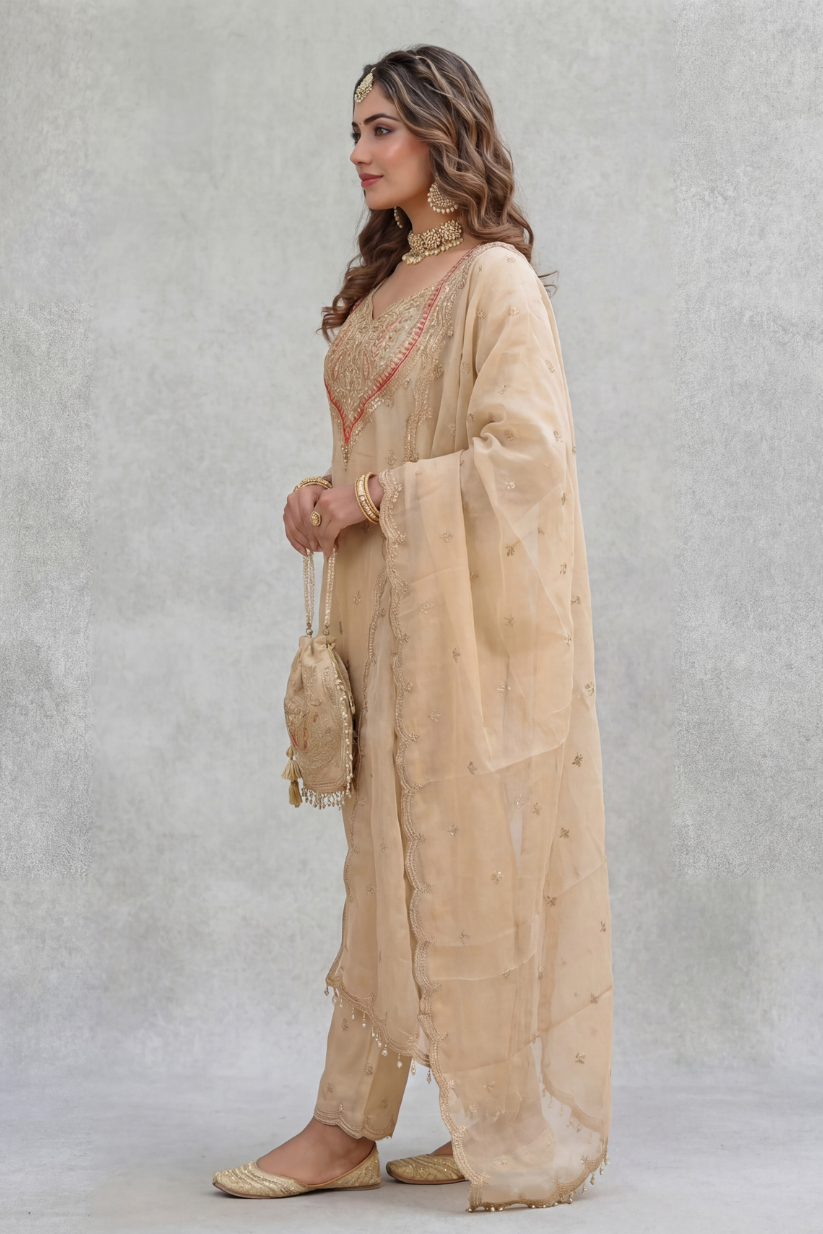 Side view of beige embroidered kurta pant set for women