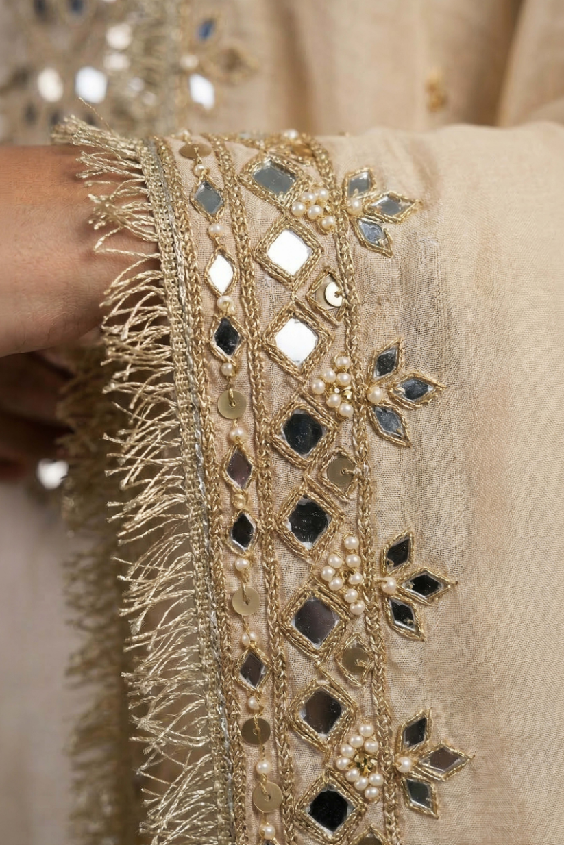 Mirror embroidery sleeve detailing on beige festive kurta