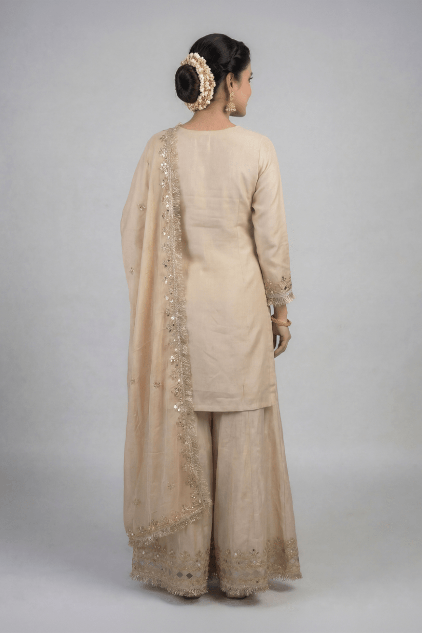 Beige Mirror Embroidered Kurta Palazzo Set with Dupatta for Women - The House of Indu