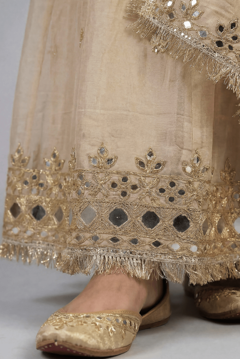 Beige Mirror Embroidered Kurta Palazzo Set with Dupatta for Women - The House of Indu