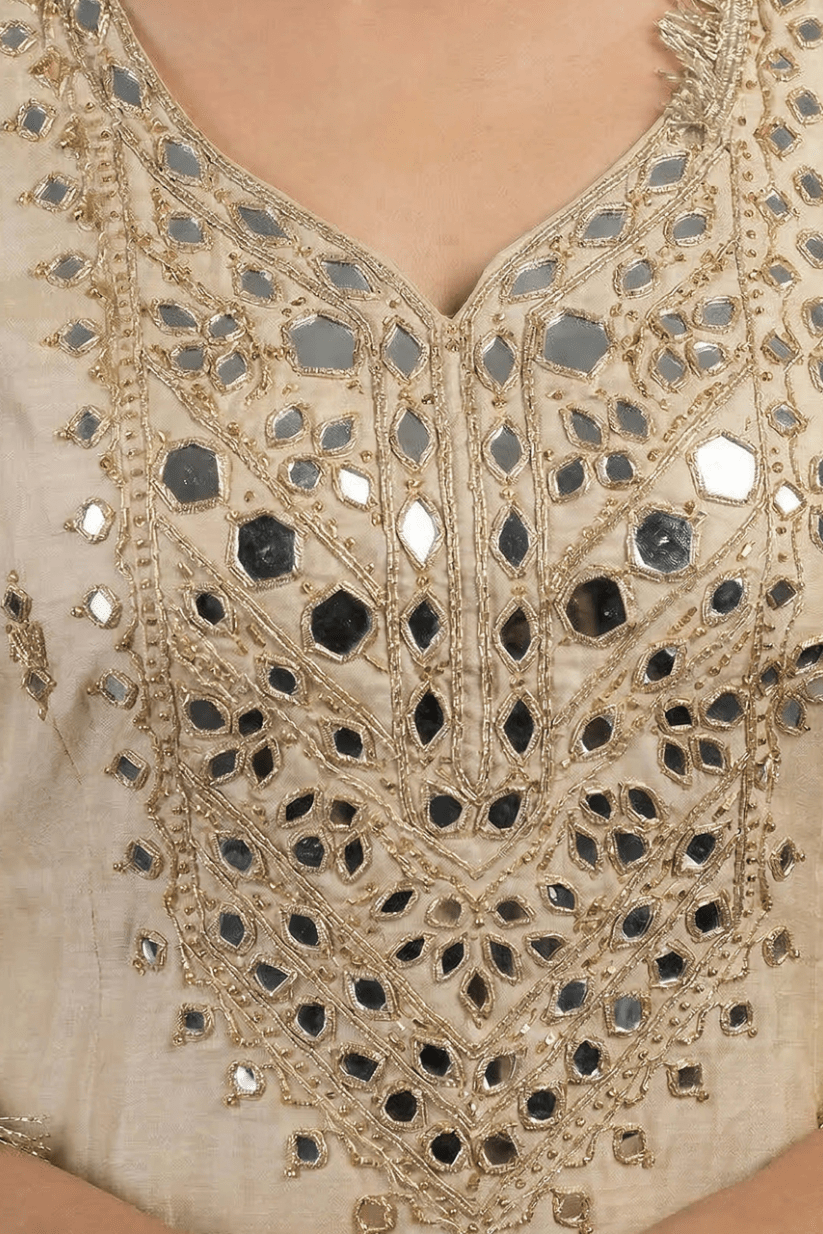 Beige Mirror Embroidered Kurta Palazzo Set with Dupatta for Women - The House of Indu