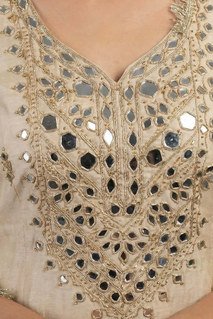 Women beige mirror embroidered kurta palazzo set with dupatta front view